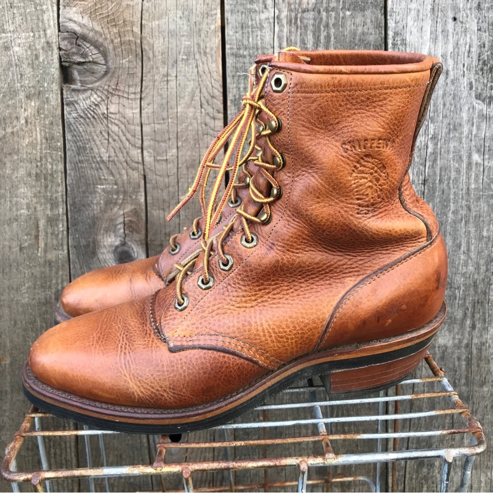 VTG Chippewa Packer Boots USA Made Pebbled Leather 10 1/2 D 9 Eye Vibram Soles